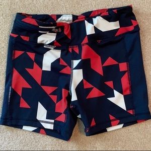 Oiselle Navy/Red Geometric Stride Shorts